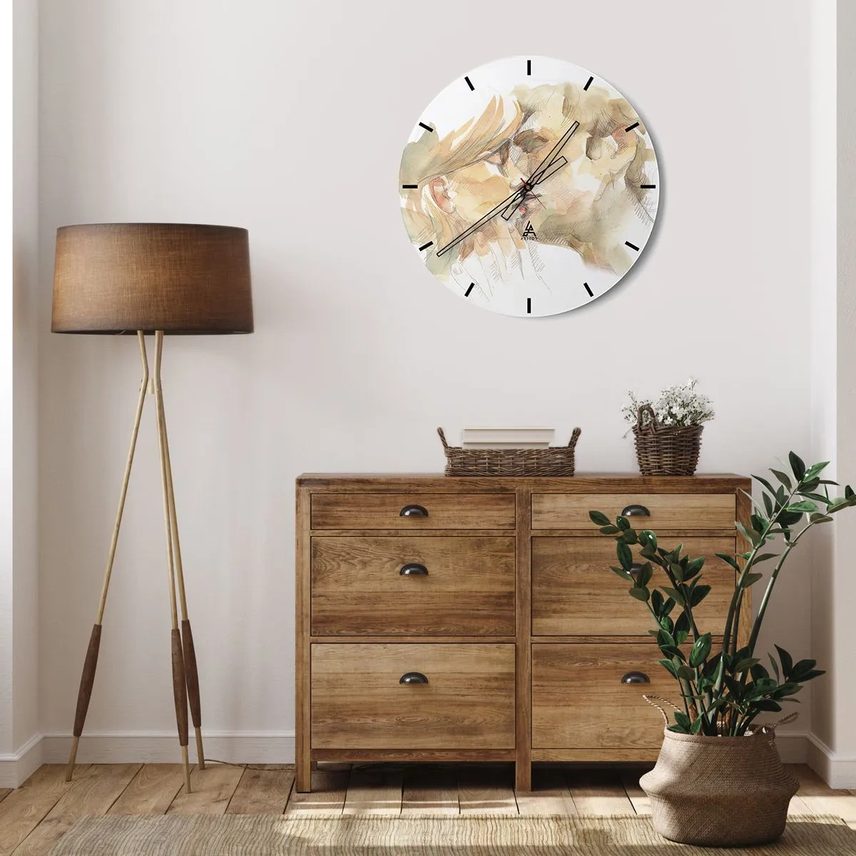 Väggklocka - Klocka på glas - Ett pastellfärgat akvarellporträtt av ett kyssande par - 30x30cm - Upphittad hälft? - Modern väggdekoration för vardagsrum, kök och sovrum ARTTOR
