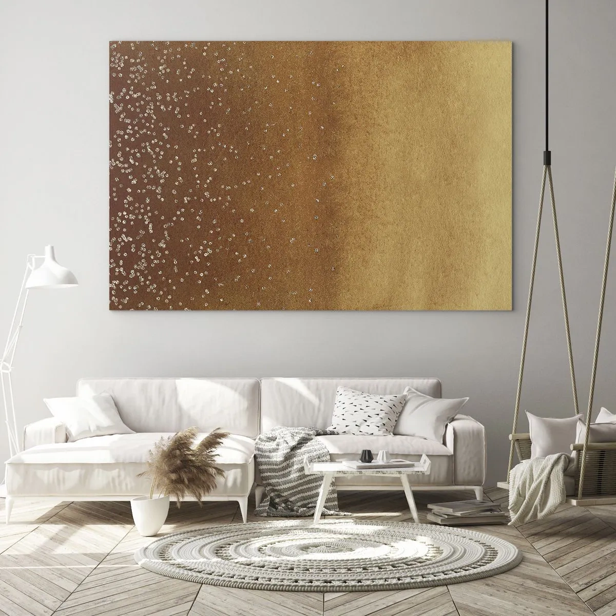 Glastavla - Bild på glas - Guld abstrakt mönster med fina reflektioner - 70x50cm - Ljusets födsel - Modern väggdekoration för vardagsrum och sovrum ARTTOR