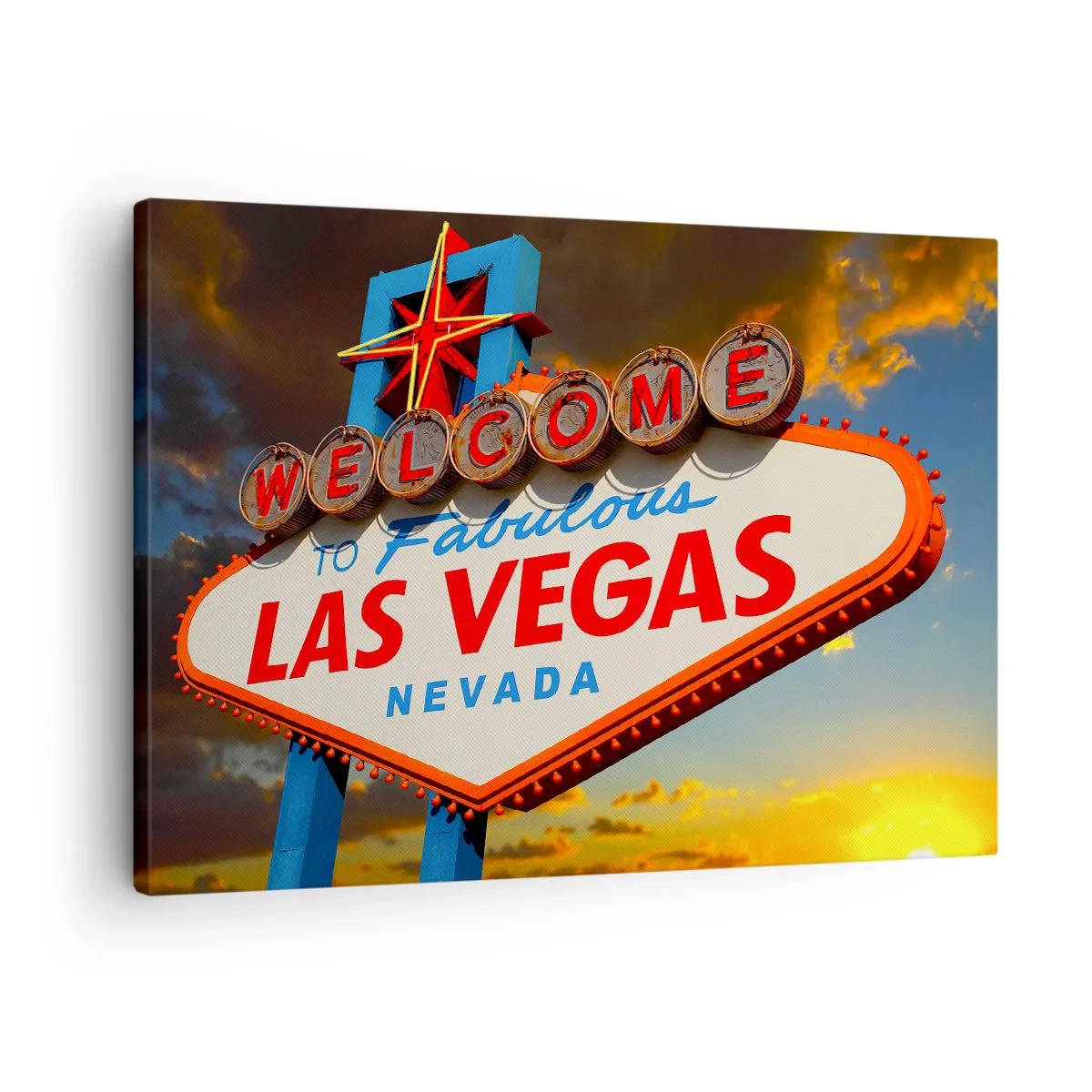 Canvastavla - Bild på duk - Den berömda Welcome to Fabulous Las Vegas-skylten vid solnedgången - 70x50cm - Hjälpa lyckan - Modern väggdekoration för vardagsrum och sovrum ARTTOR