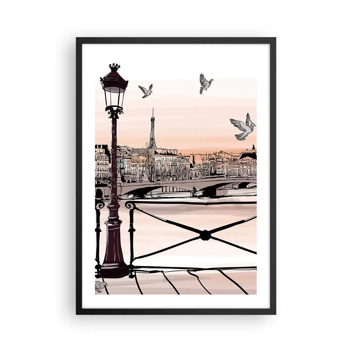 Affisch i svart ram - Illustration av Paris vid solnedgången med en lykta och bro - 50x70cm - Över Paris tak - Modern väggdekoration för vardagsrum och sovrum ARTTOR