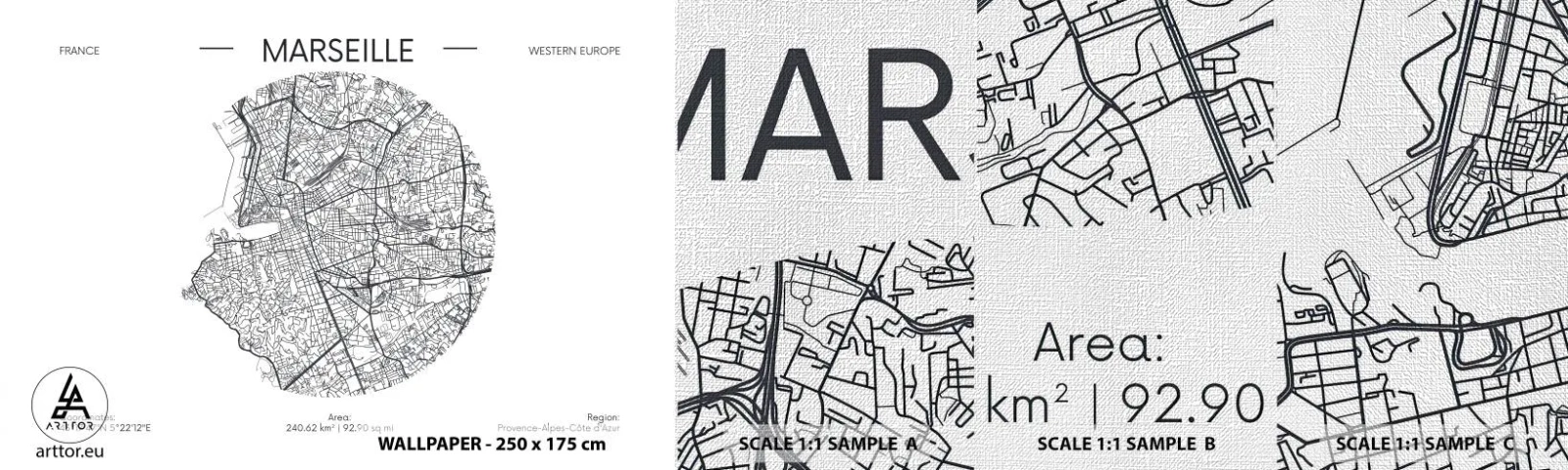 Provbit av fototapet Premium Canvas - Marseilles anatomi - Karta, Marseille, Frankrike - 100x30 cm