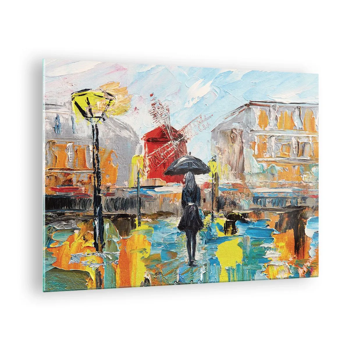Glastavla - Bild på glas - En kvinna med ett paraply mot en stadsbakgrund i impressionistisk stil - 70x50cm - Parislegender - Modern väggdekoration för vardagsrum och sovrum ARTTOR