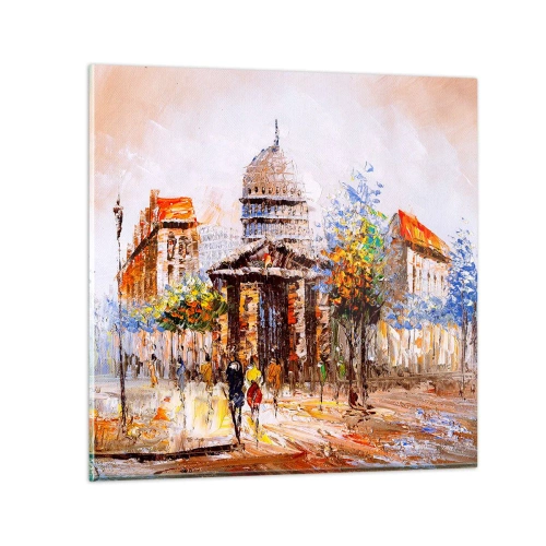 Glastavla - Bild på glas - Promenad i Paris - 50x50 cm