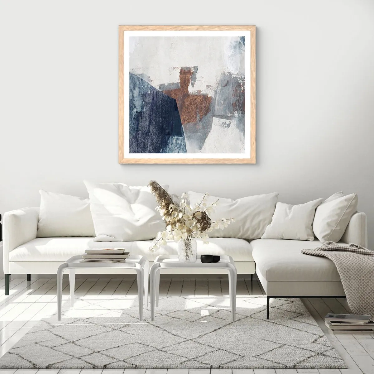 Affisch i ram av ljusek - Blåbruna former - 60x60 cm