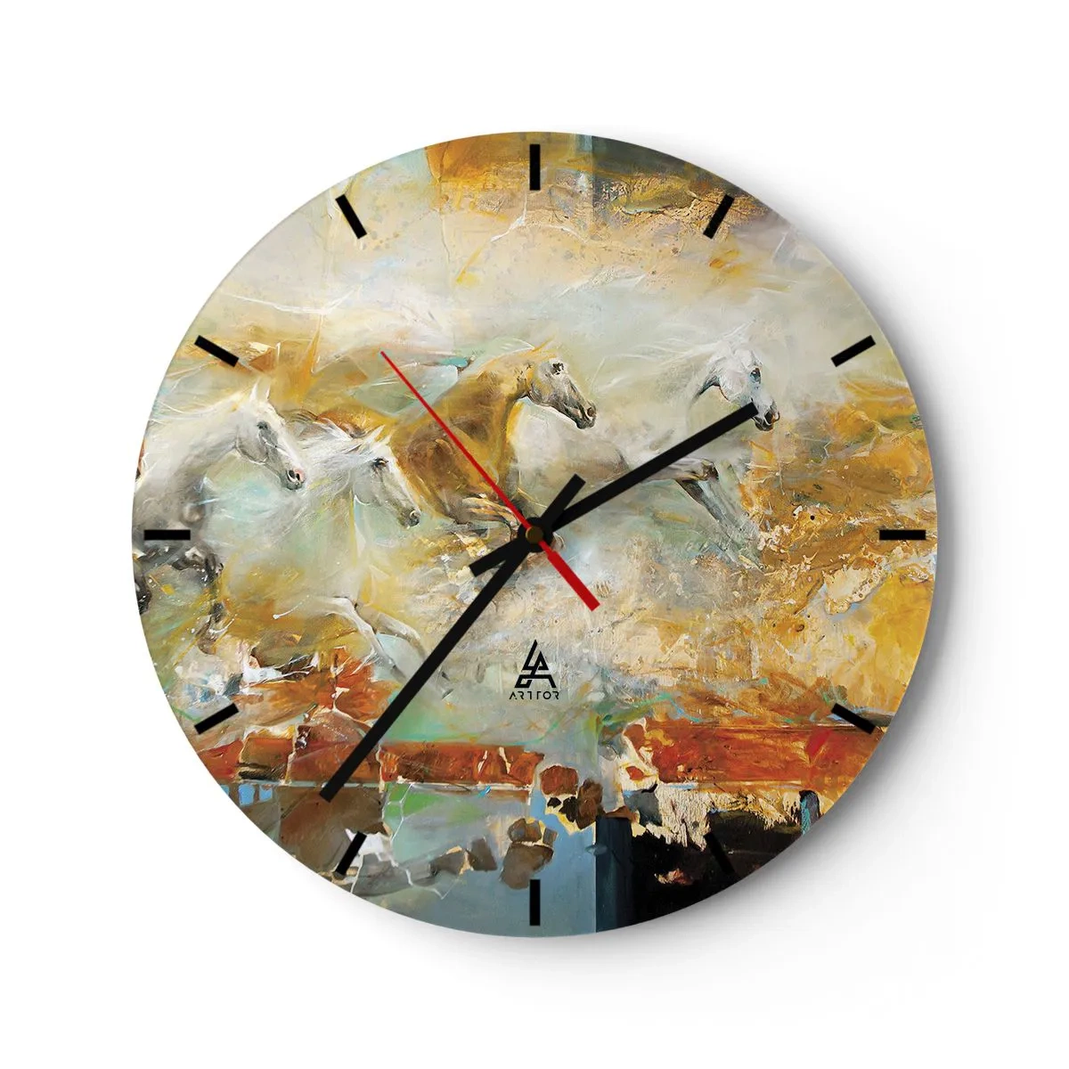 Väggklocka - Klocka på glas - Abstrakta hästar i dynamisk rörelse - 30x30cm - Galopp genom ljuset - Modern väggdekoration för vardagsrum, kök och sovrum ARTTOR