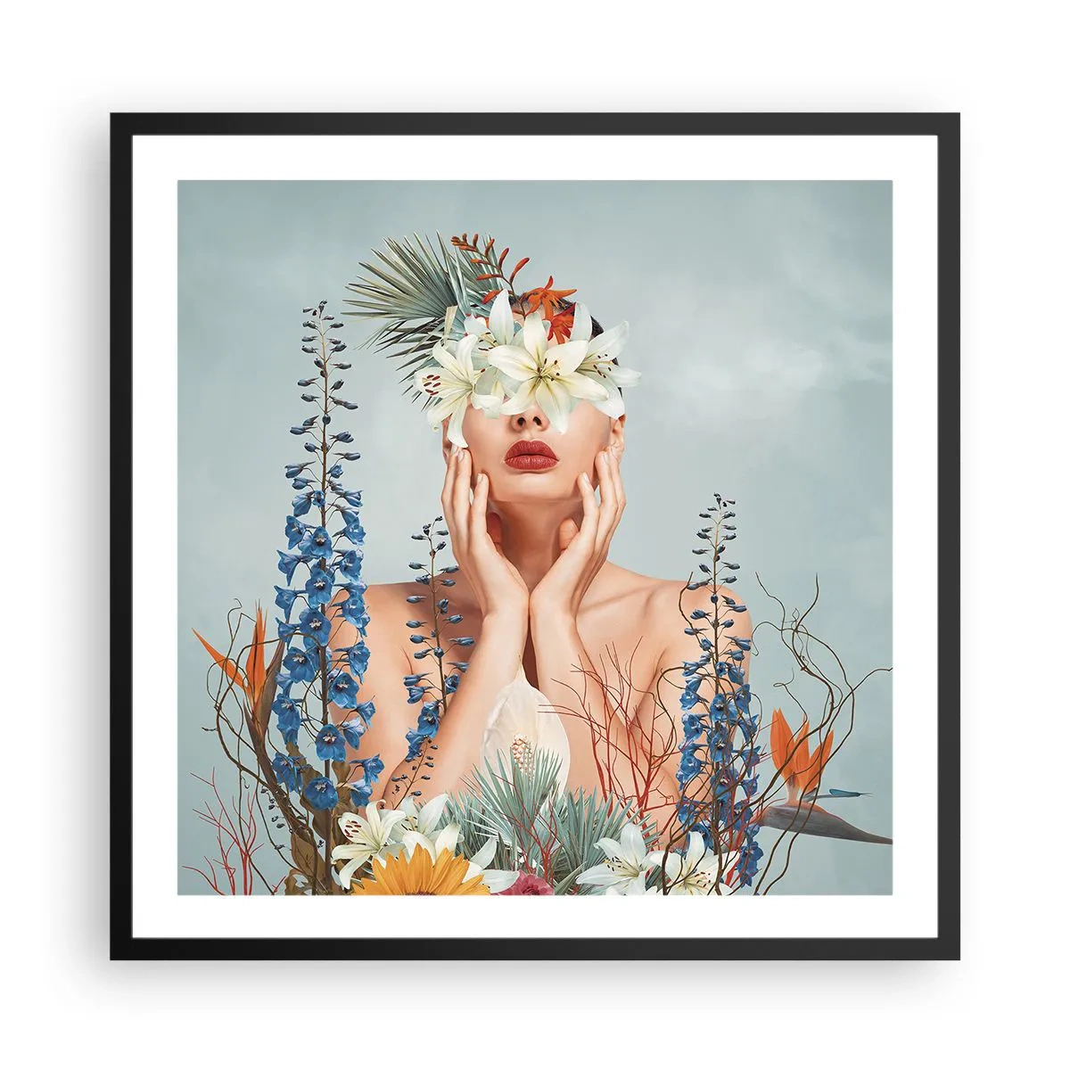 Affisch i svart ram - Kvinna - blomma - 60x60 cm