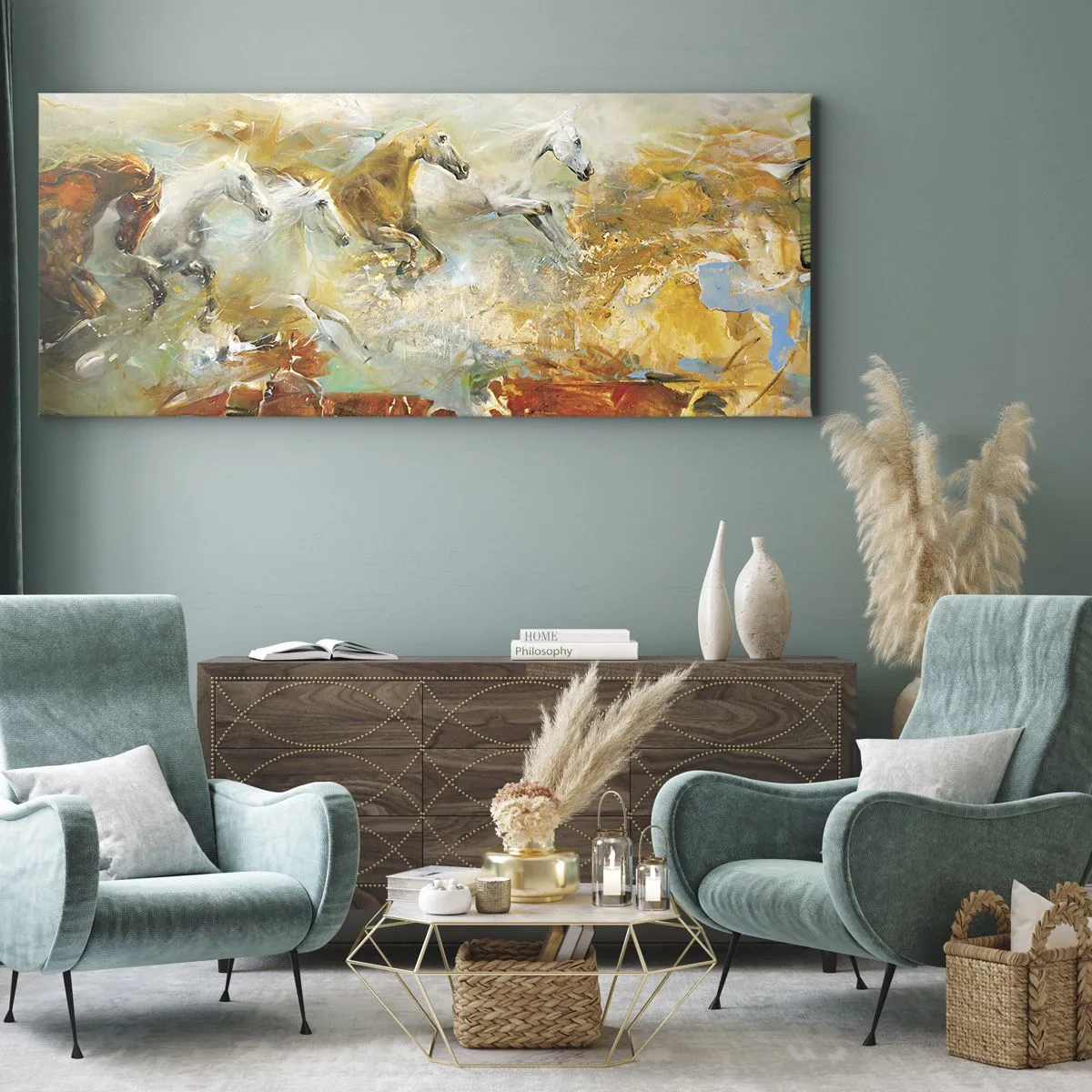 Canvastavla - Bild på duk - Galopp genom ljuset - 100x40 cm