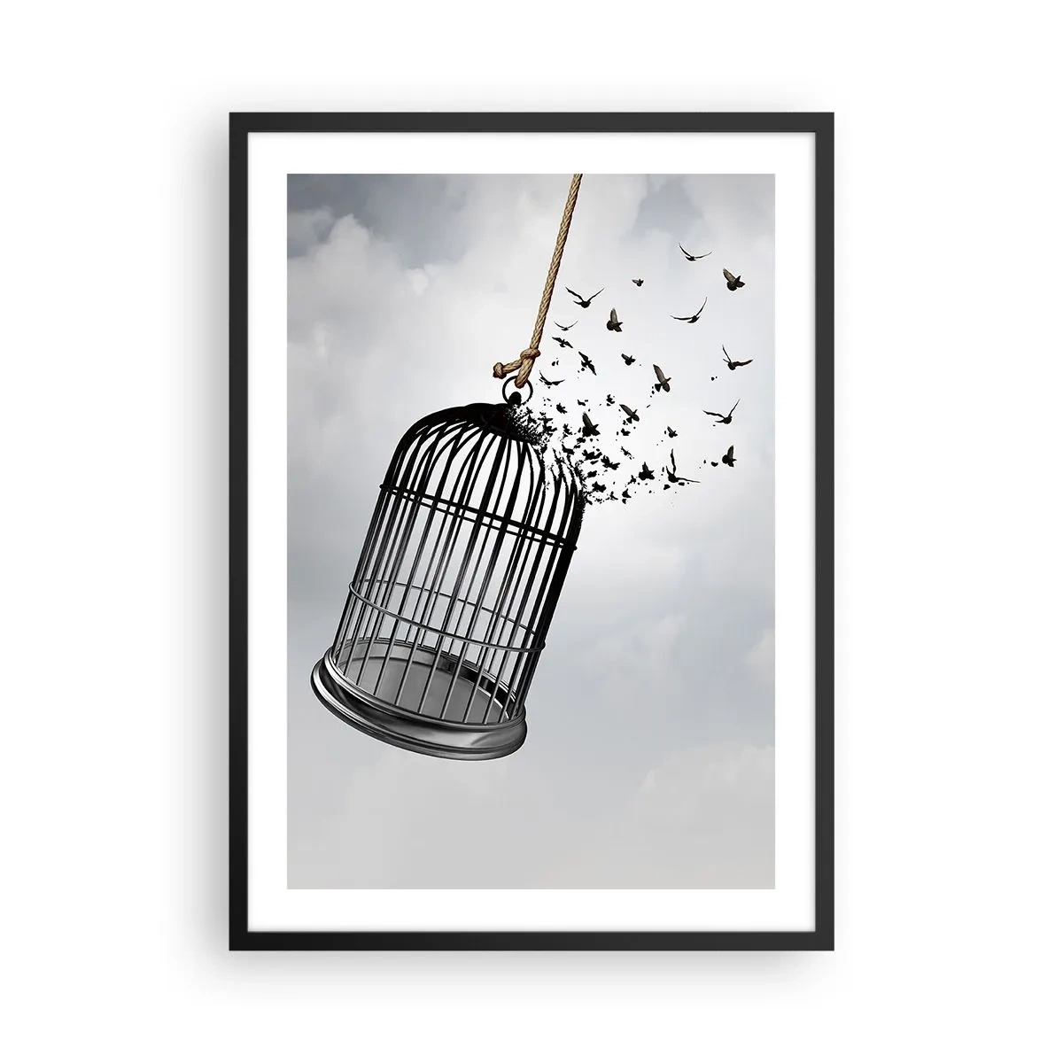 Affisch i svart ram - Fåglar som flyger ut ur en öppen bur mot en bakgrund av moln - 50x70cm - Tro...Hopp...Frihet! - Modern väggdekoration för vardagsrum och sovrum ARTTOR