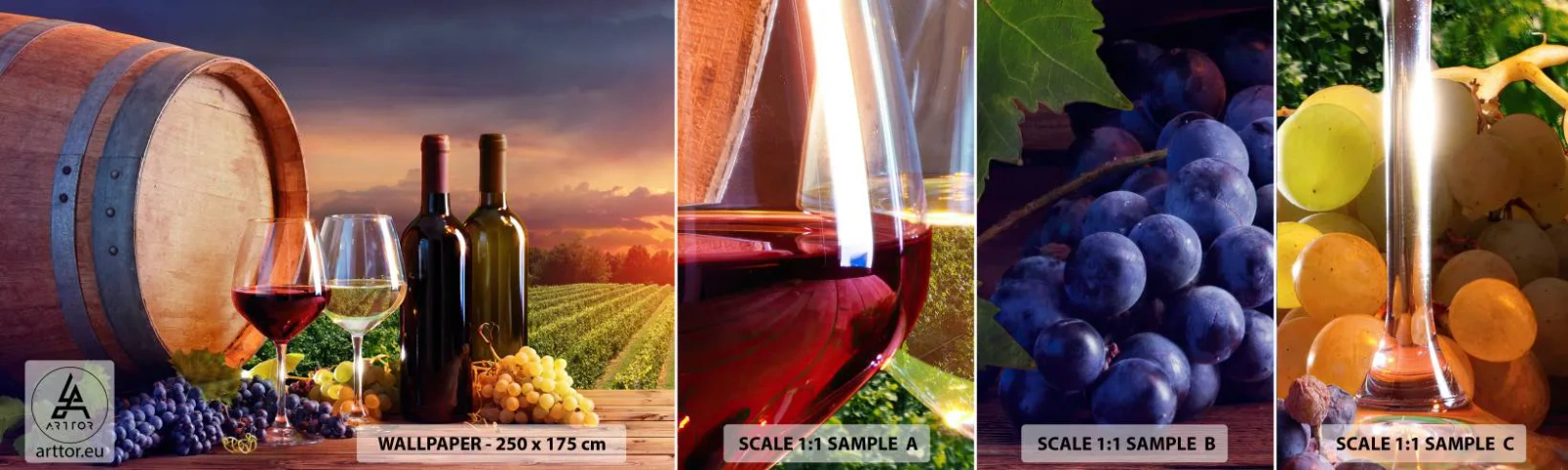 Provbit av självhäftande fototapet Deluxe Sticker - Här smakar livet - Vingård, Vinfat, Druva - 100x30 cm