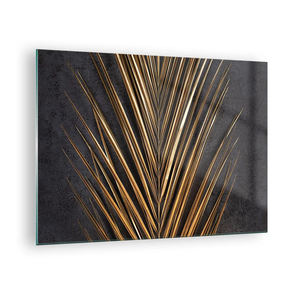 Glastavla - Bild på glas - Gyllene palmblad på en mörk bakgrund - 70x50cm - Tropikens guld - Modern väggdekoration för vardagsrum och sovrum ARTTOR