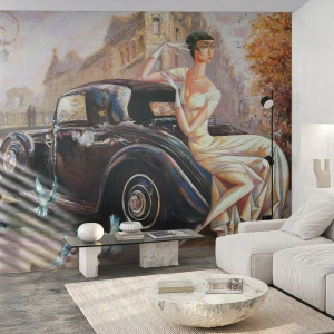 Självhäftande Fototapet Deluxe Sticker - Elegans i retrostil - Retro bil, Kvinna, Palats - 250x175 cm