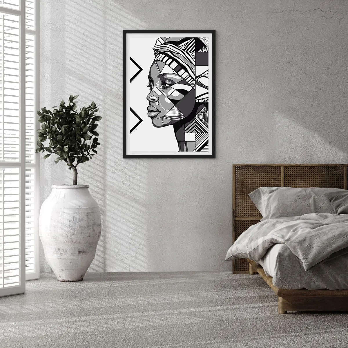 Affisch i svart ram - Geometriskt porträtt av en kvinna i svartvitt - 50x70cm - Etniskt porträtt - Modern väggdekoration för vardagsrum och sovrum ARTTOR