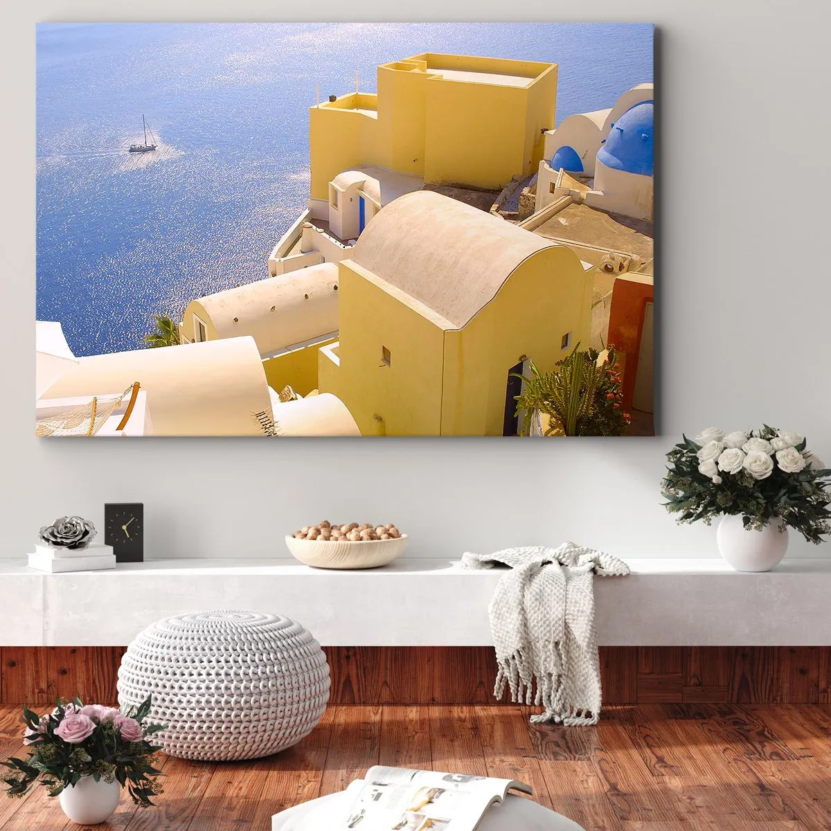 Canvastavla - Bild på duk - Grekiskt landskap i vit och blå - 120x80 cm