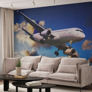 Fototapet Standard Eco - Resa i vitt och blått - Plan, Resa, Himmel Med Moln - 500x350 cm