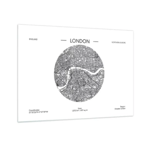 Glastavla - Bild på glas - En detaljerad karta över London i grafisk svartvit stil. - 70x50cm - Londons anatomi - Modern väggdekoration för vardagsrum och sovrum ARTTOR
