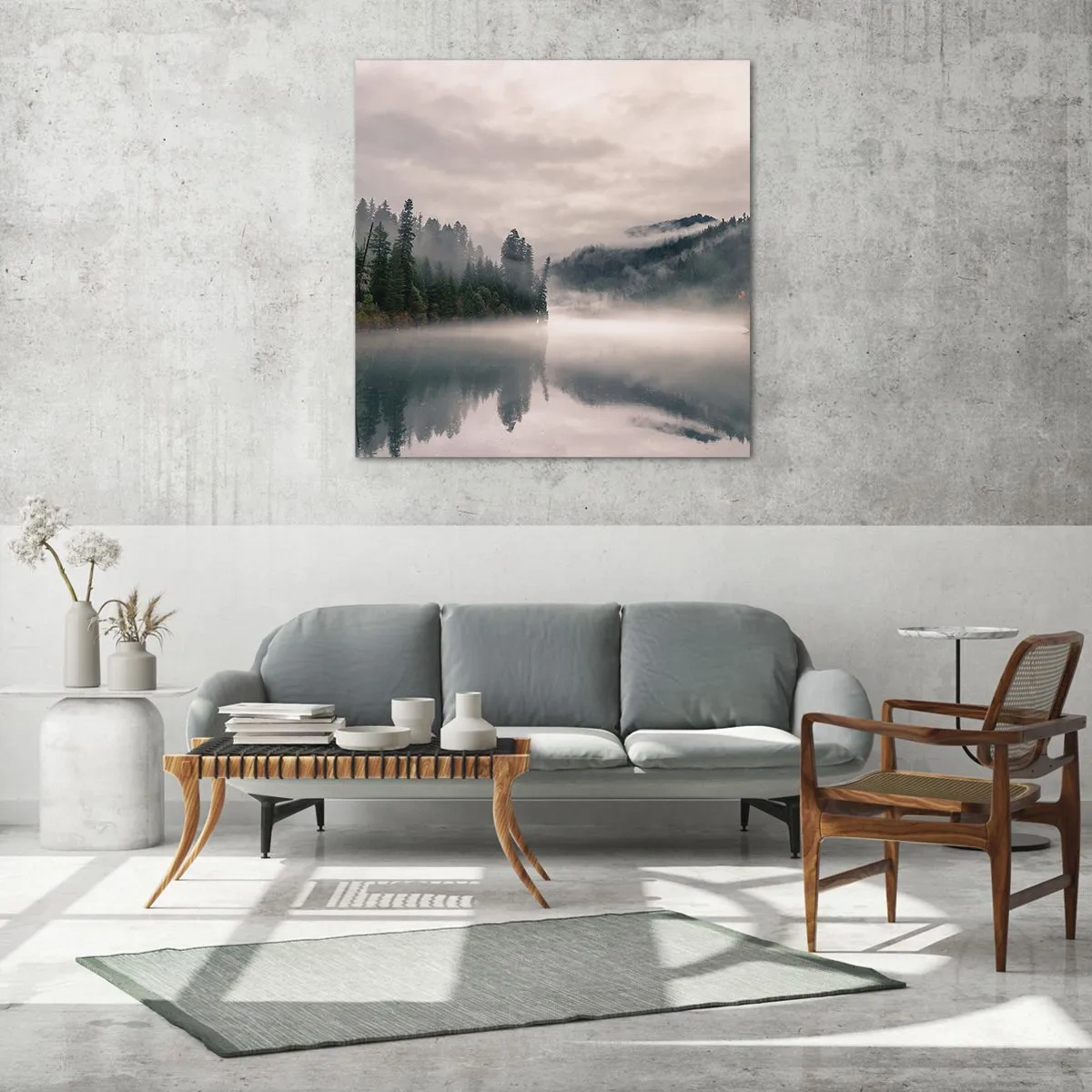 Glastavla - Bild på glas - I förundran, i dimman - 50x50 cm
