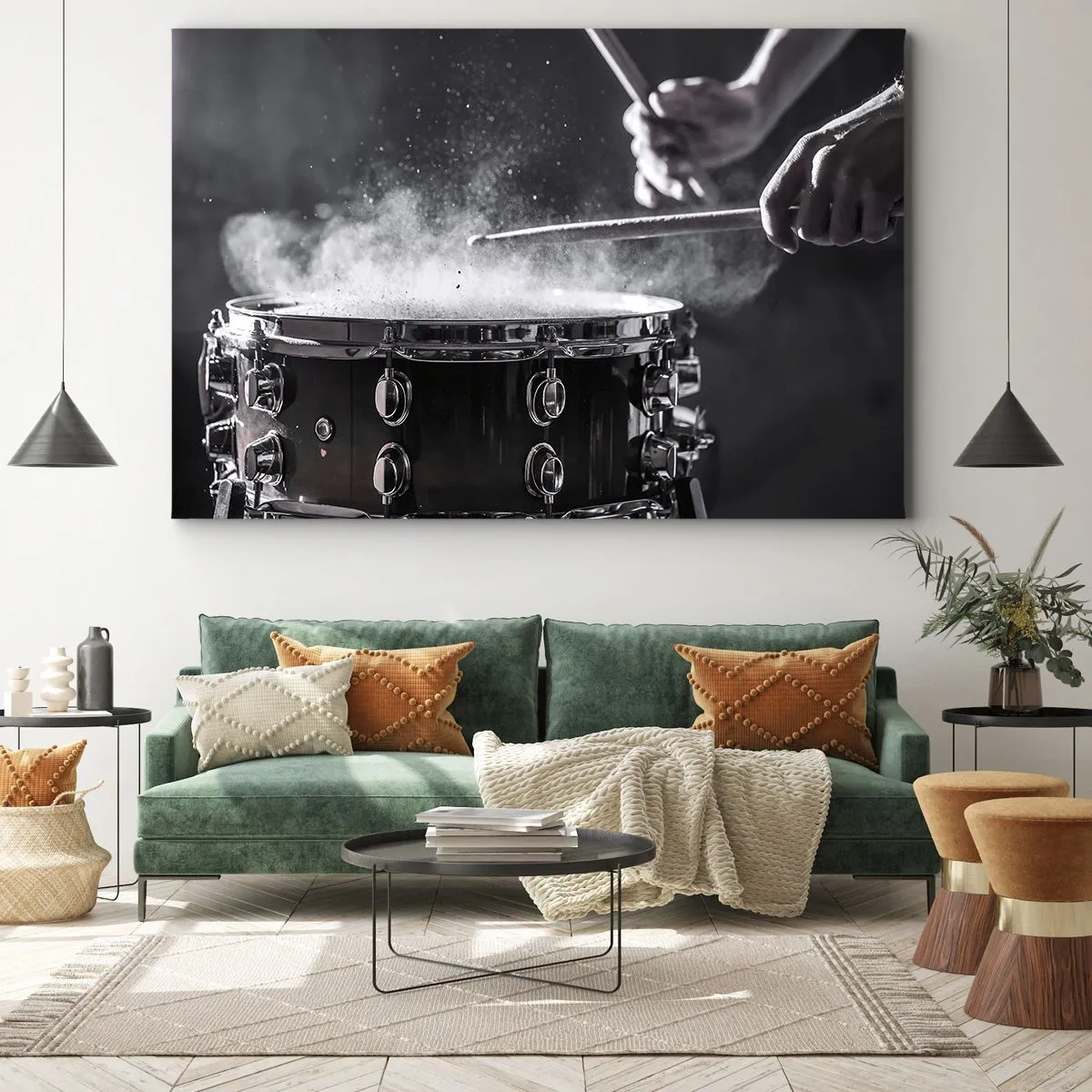 Canvastavla - Bild på duk - Att slå på virveltrumman med pinnar med dammeffekt - 70x50cm - Musikens puls - Modern väggdekoration för vardagsrum och sovrum ARTTOR