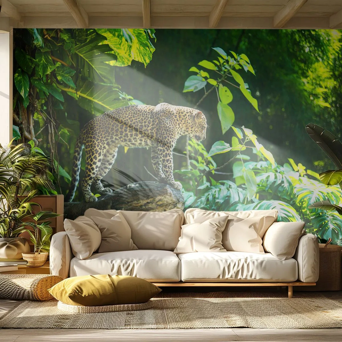 Självhäftande Fototapet Deluxe Sticker - På jakt? - Djungel, leopard, Tropikerna - 250x175 cm