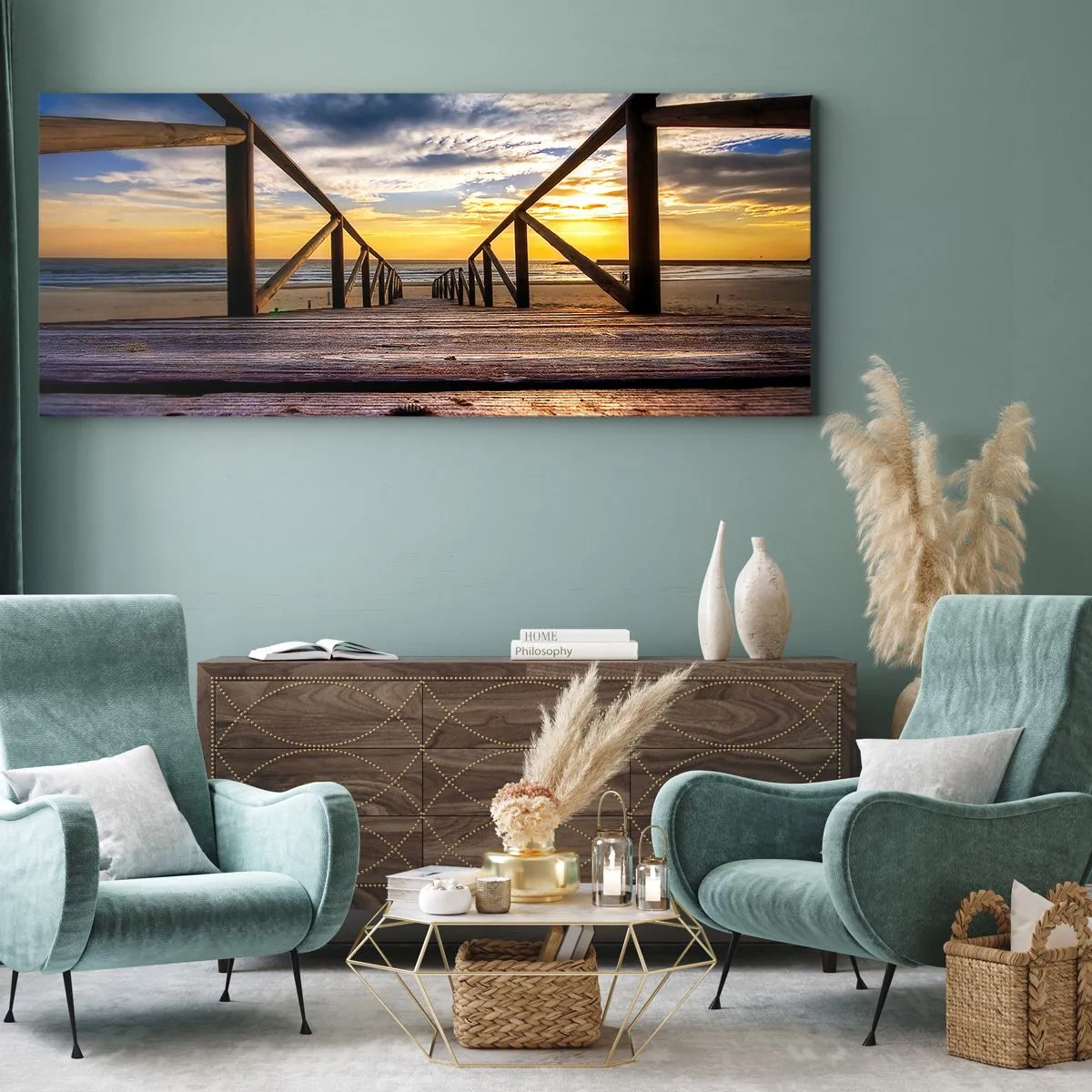 Canvastavla - Bild på duk - Till vilda stranden i skymningen - 100x40 cm