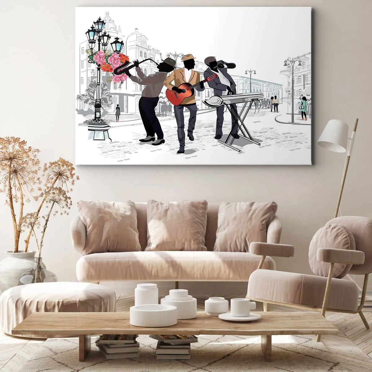 Canvastavla - Bild på duk - Gatumusikanter som spelar mot bakgrund av ett urbant landskap - 70x50cm - Gatumusik - Modern väggdekoration för vardagsrum och sovrum ARTTOR