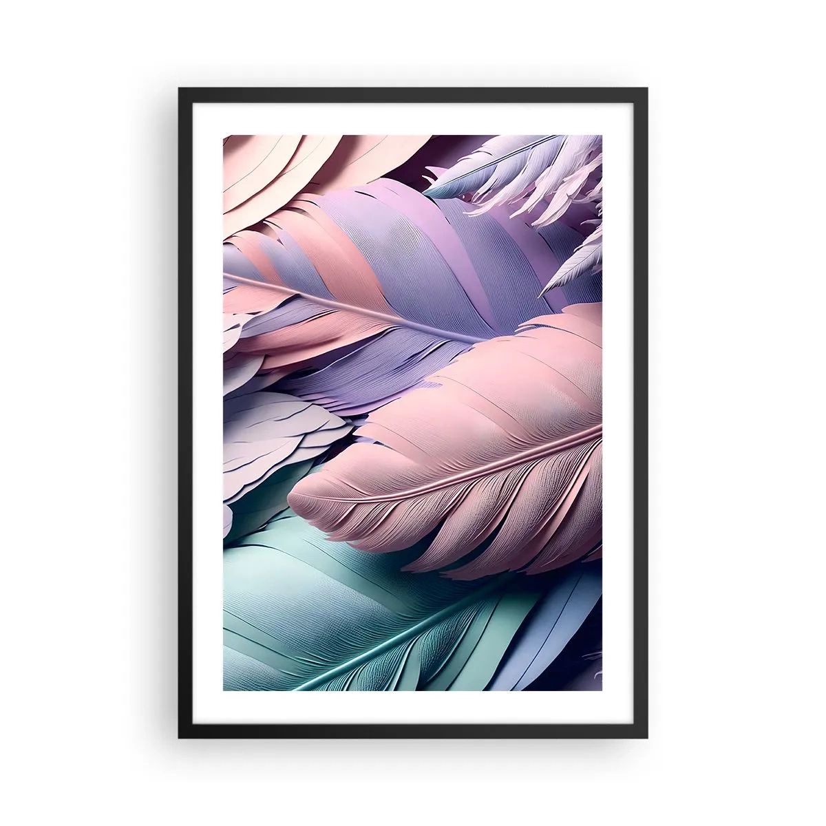 Affisch i svart ram - Pastellfärgade fjädrar i fina nyanser - 50x70cm - Fågelstil - Modern väggdekoration för vardagsrum och sovrum ARTTOR