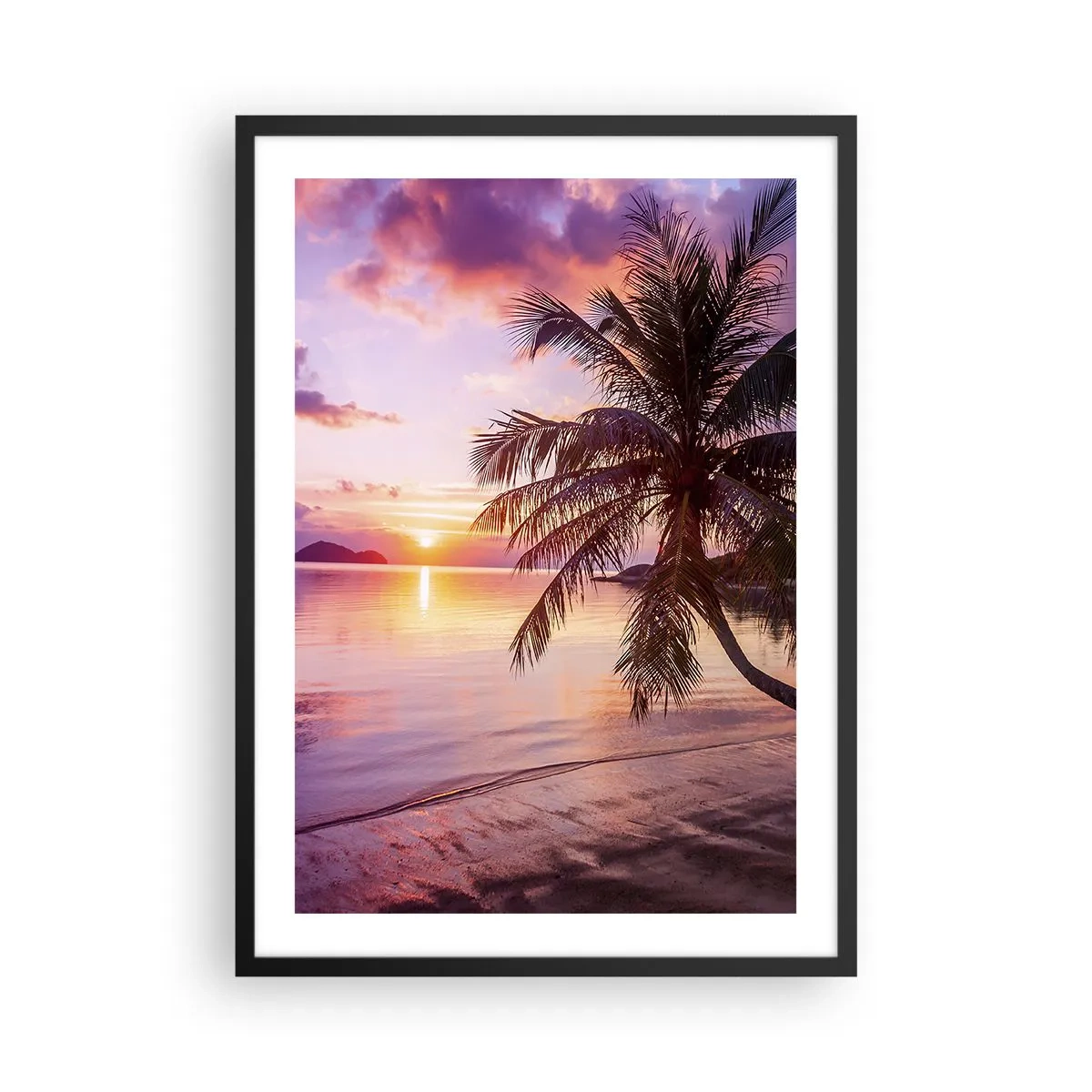 Affisch i svart ram - Tropisk solnedgång med palmträd på stranden - 50x70cm - Lugnt enda fram till horisonten - Modern väggdekoration för vardagsrum och sovrum ARTTOR