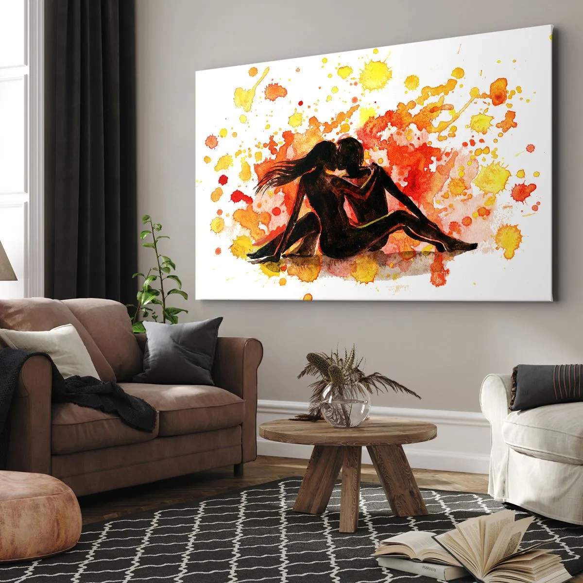 Canvastavla - Bild på duk - En romantisk akvarellmålning av två personer i varma färger. - 70x50cm - Och så blev det ljus - Modern väggdekoration för vardagsrum och sovrum ARTTOR