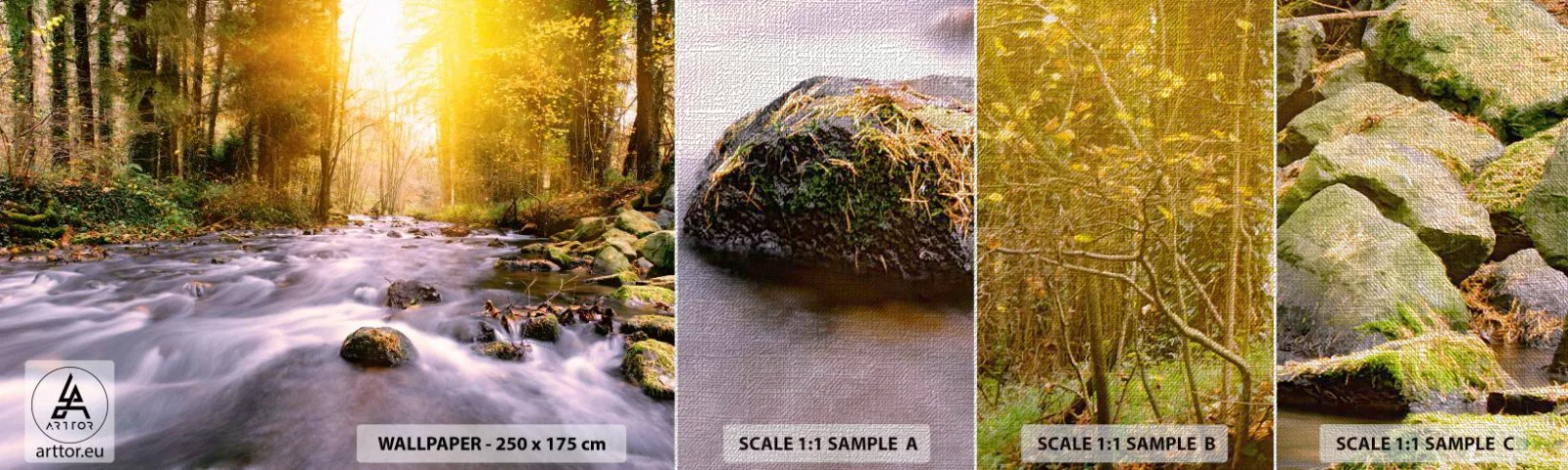 Provbit av fototapet Premium Canvas - Malakit i silver-guld infattning - Landskap, Bergström, Skog - 100x30 cm