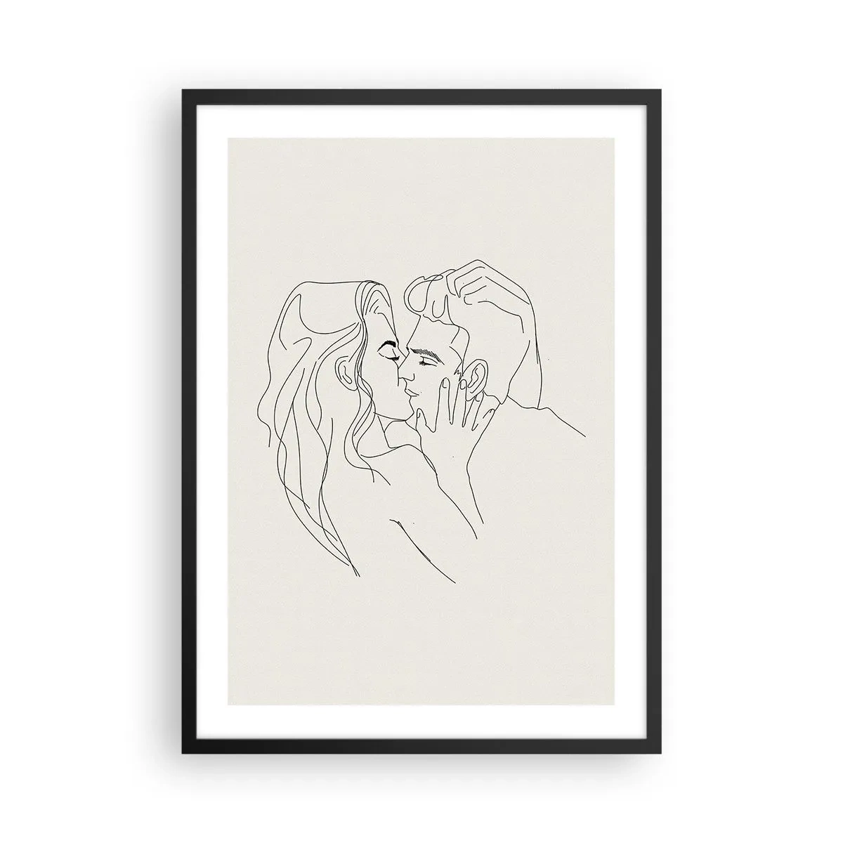 Affisch i svart ram - En minimalistisk teckning av ett förälskat par i fina linjer. - 50x70cm - I kärlekens famn - Modern väggdekoration för vardagsrum och sovrum ARTTOR