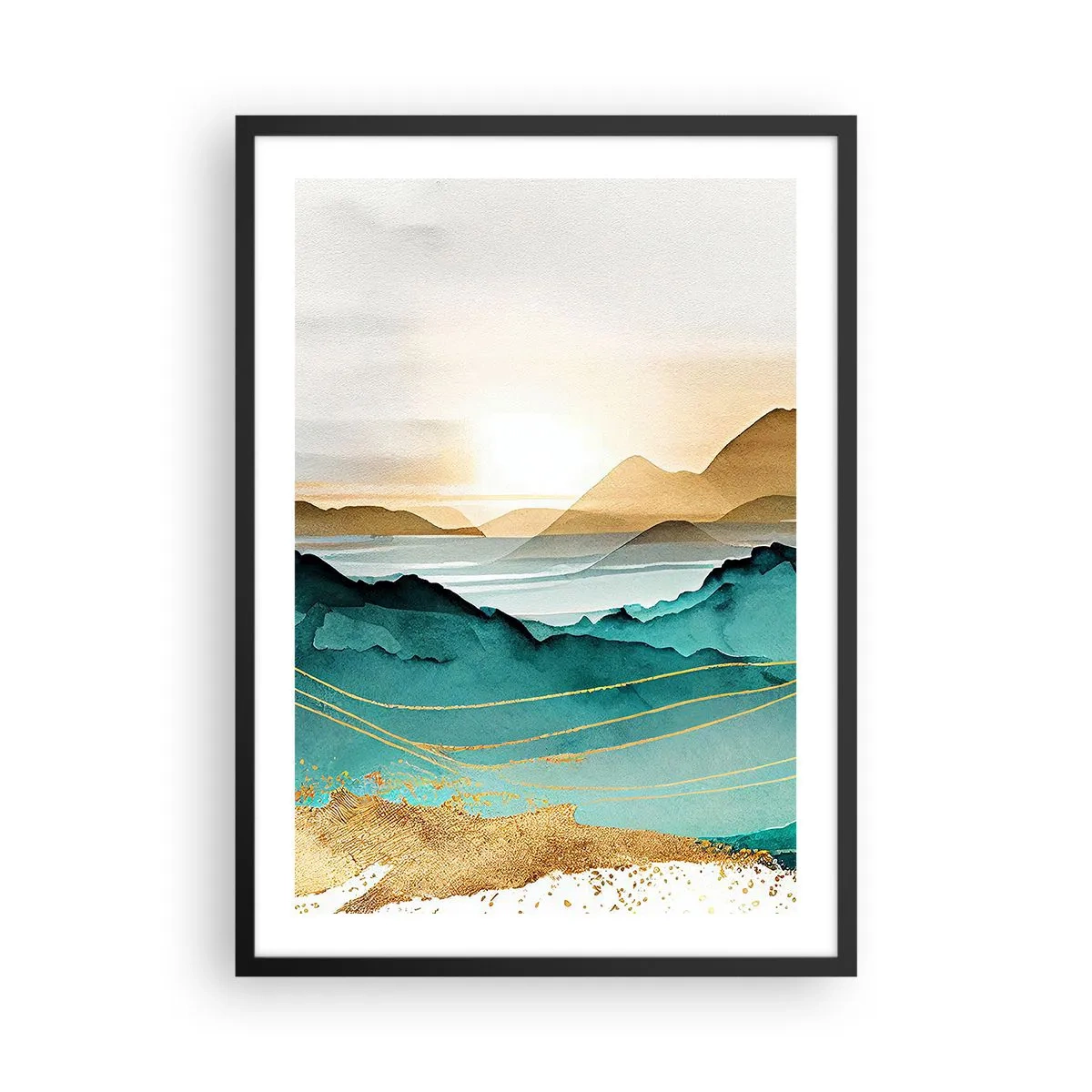 Affisch i svart ram - Ett pittoreskt bergslandskap i nyanser av turkos och guld - 50x70cm - På gränsen till abstraktion - landskap - Modern väggdekoration för vardagsrum och sovrum ARTTOR