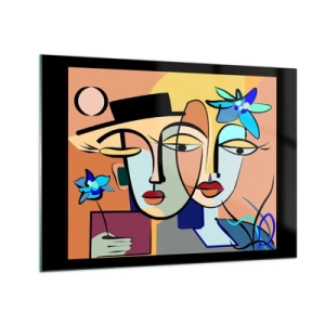 Glastavla - Bild på glas - Färgglada ansikten i kubistisk stil med blommor - 70x50cm - Picassos randez vous - Modern väggdekoration för vardagsrum och sovrum ARTTOR