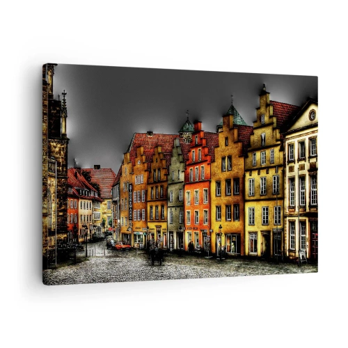 Canvastavla - Bild på duk - Färgglada hyreshus på en kullerstensgata i den historiska staden - 70x50cm - Det saknas bar förtrollad droska - Modern väggdekoration för vardagsrum och sovrum ARTTOR