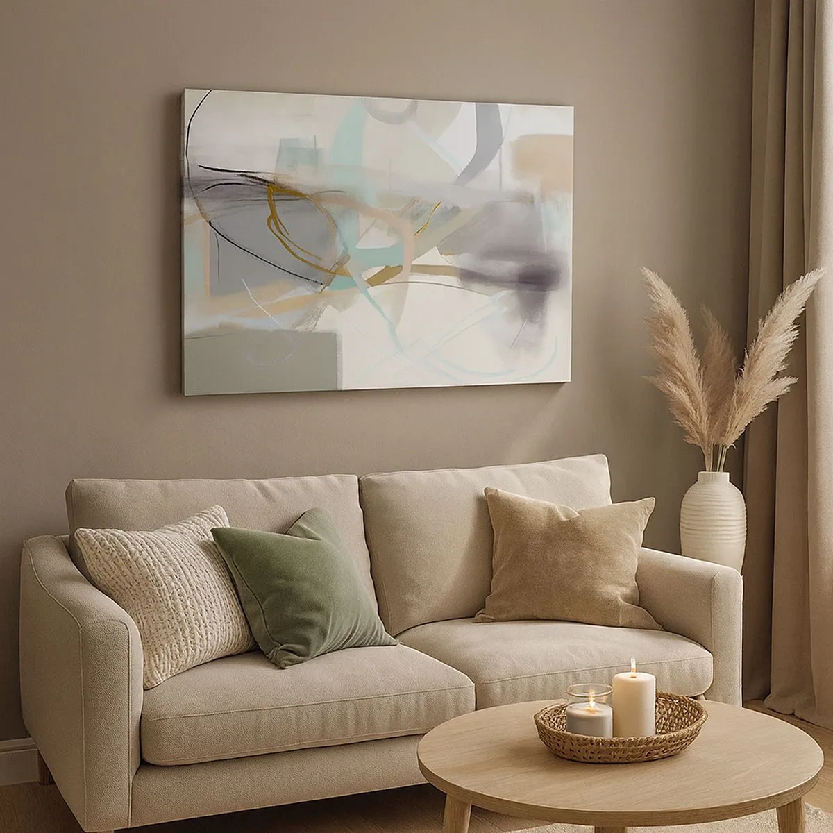 Canvastavla - Bild på duk - Pastell abstraktion med fina linjer - 70x50cm - Dimmig abstraktion - Modern väggdekoration för vardagsrum och sovrum ARTTOR