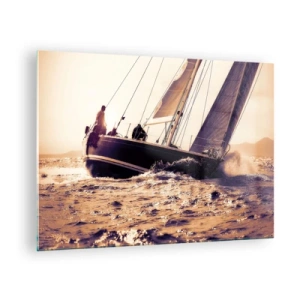 Glastavla - Bild på glas - En segelbåt på ett stormigt hav i varma nyanser - 70x50cm - Segla seglaren - Modern väggdekoration för vardagsrum och sovrum ARTTOR