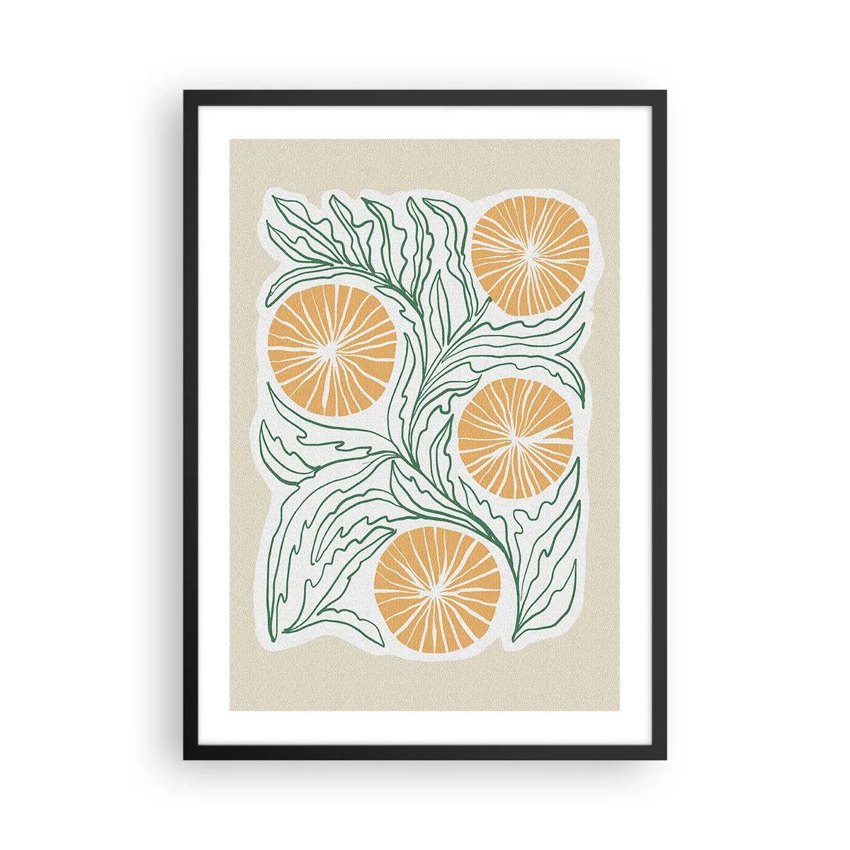 Affisch i svart ram - Abstrakt komposition av löv och apelsiner på en beige bakgrund - 50x70cm - Etniskt med en touch av abstraktion - Modern väggdekoration för vardagsrum och sovrum ARTTOR