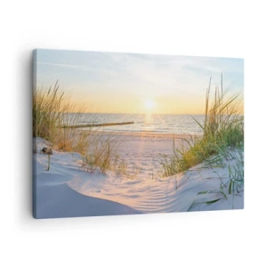 Canvastavla - Bild på duk - En sandstrand med utsikt över solnedgången över havet - 70x50cm - Havets brus, fågelsång, tom strand bland träden - Modern väggdekoration för vardagsrum och sovrum ARTTOR