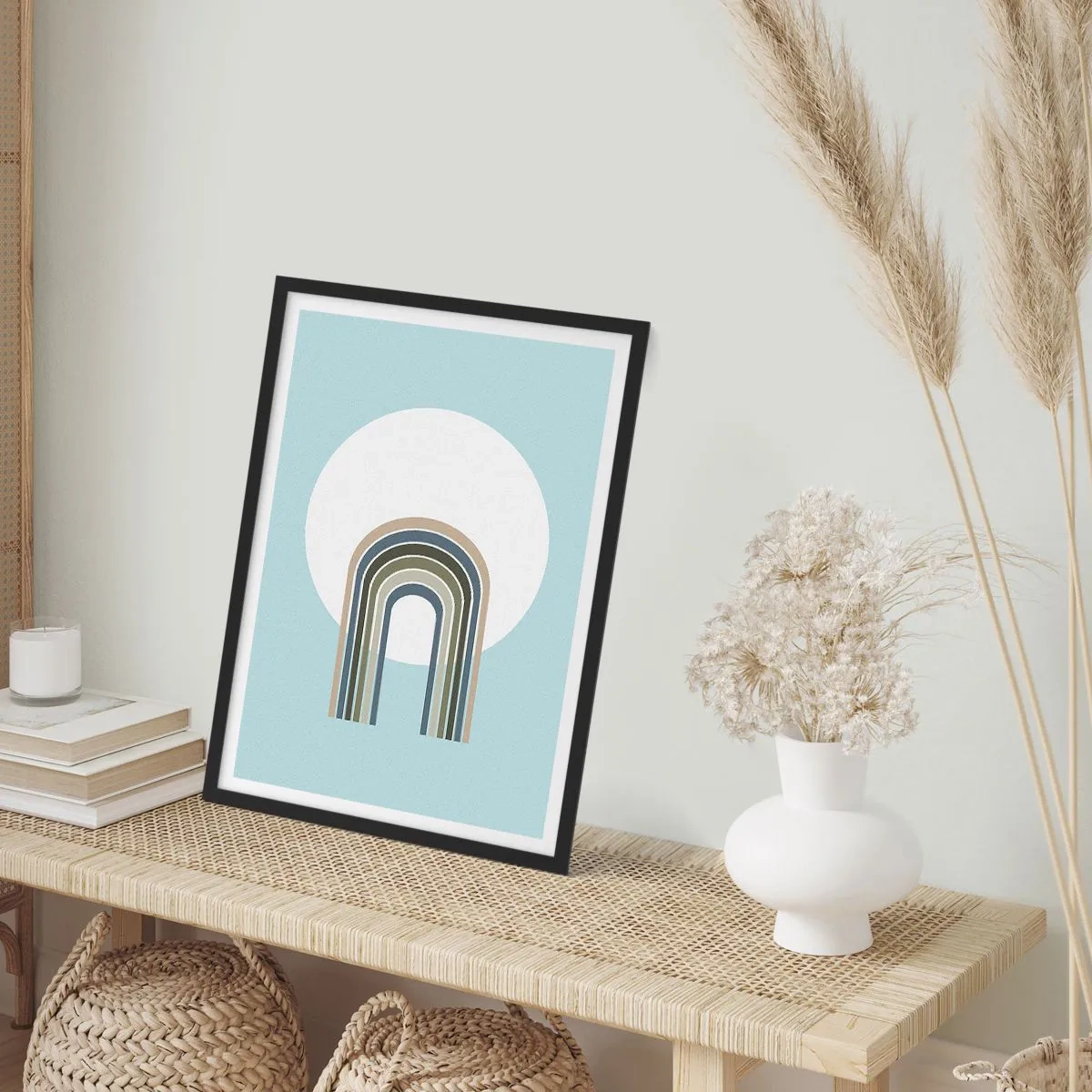 Affisch i svart ram - En minimalistisk båge med pastellfärger mot en cirkulär bakgrund - 50x70cm - Ostoppad attraktionskraft - Modern väggdekoration för vardagsrum och sovrum ARTTOR