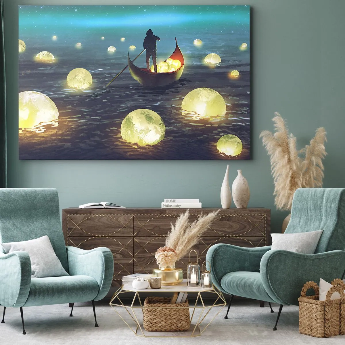 Canvastavla - Bild på duk - En figur i en båt omgiven av lysande bollar på vattnet - 70x50cm - Saker som filosoferna inte drömt om - Modern väggdekoration för vardagsrum och sovrum ARTTOR
