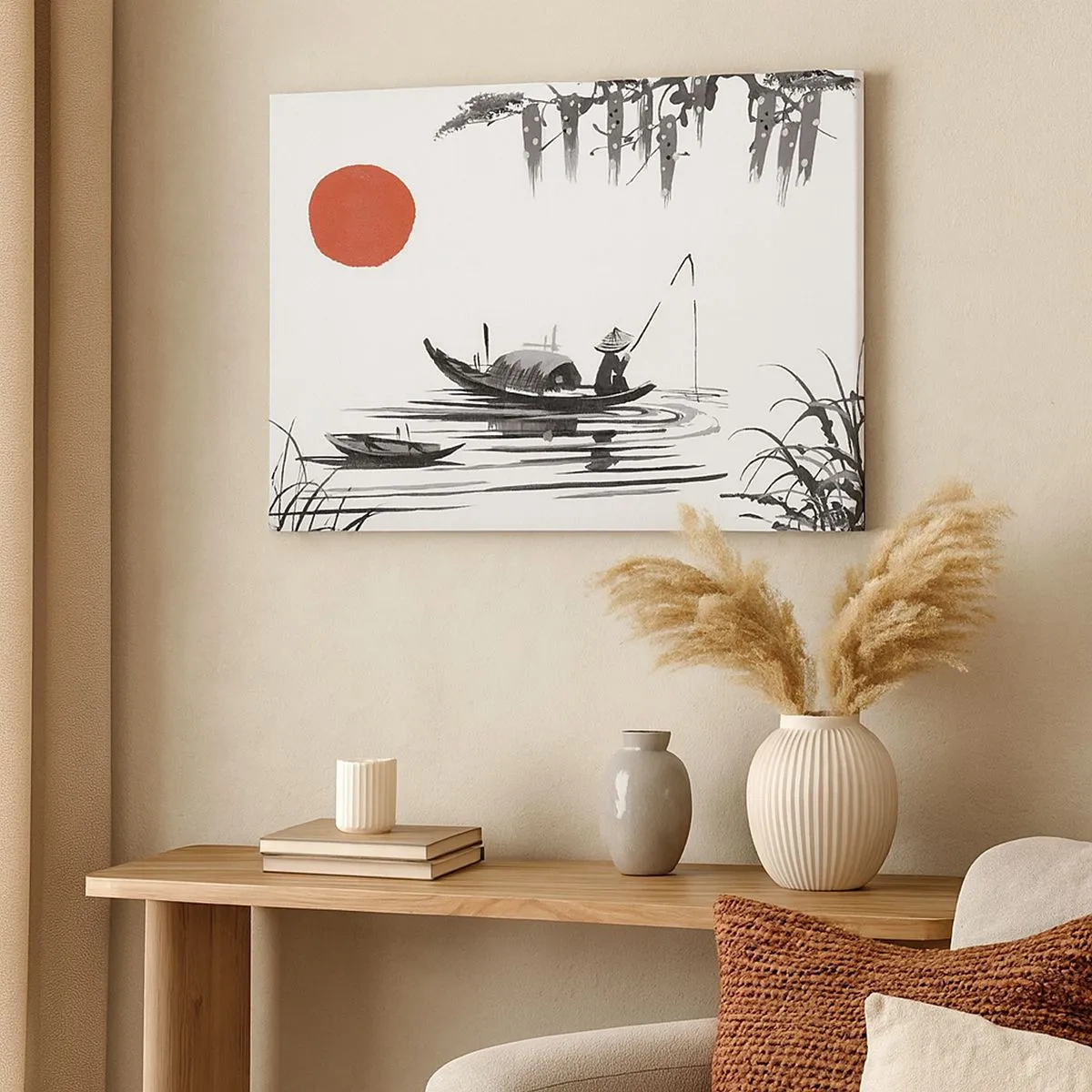 Canvastavla - Bild på duk - Orientaliskt landskap med en fiskare på en båt och en röd sol - 70x50cm - Asiatisk eftermiddag - Modern väggdekoration för vardagsrum och sovrum ARTTOR