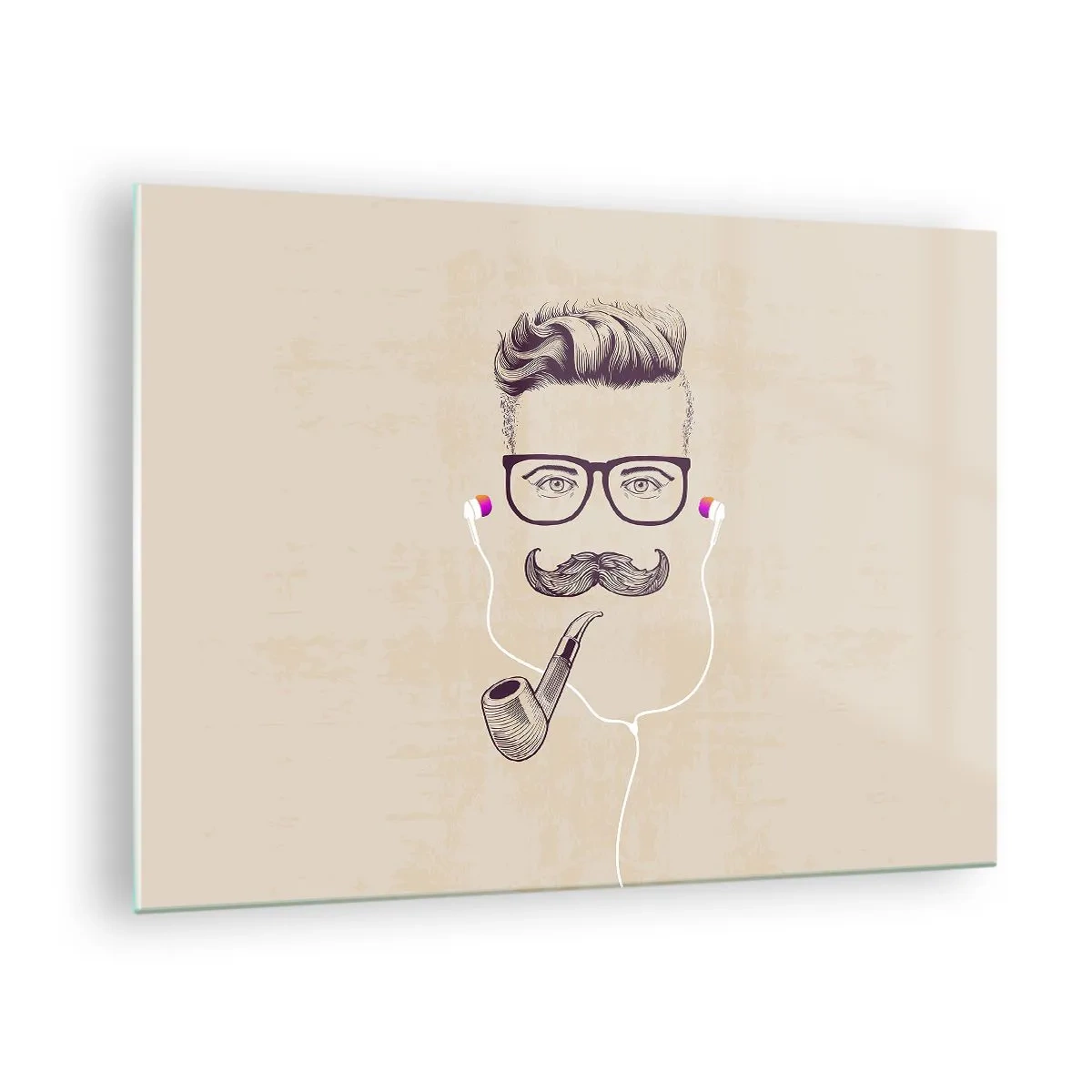 Glastavla - Bild på glas - En teckning av en stiliserad man med glasögon, mustasch och pipa. - 70x50cm - Riktig man? - Modern väggdekoration för vardagsrum och sovrum ARTTOR