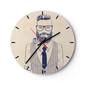 Väggklocka - Klocka på glas - Hipsterbild av en skäggig man med ett rör - 30x30cm - Glad, manlig och modemedveten - Modern väggdekoration för vardagsrum, kök och sovrum ARTTOR