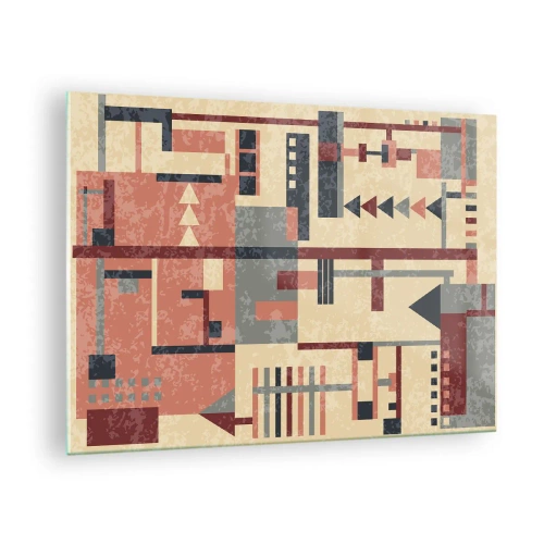 Glastavla - Bild på glas - Abstrakt geometriskt mönster i beige och röda nyanser - 70x50cm - Kombination av vertikala och horisontella element - Modern väggdekoration för vardagsrum och sovrum ARTTOR