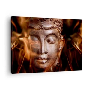 Canvastavla - Bild på duk - En Buddhastaty mitt bland lågor av gyllene nyanser - 70x50cm - Det finns bara här och nu - Modern väggdekoration för vardagsrum och sovrum ARTTOR
