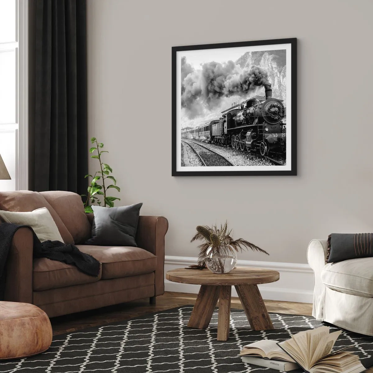 Affisch i svart ram - Det står ett lok på stationen... - 60x60 cm