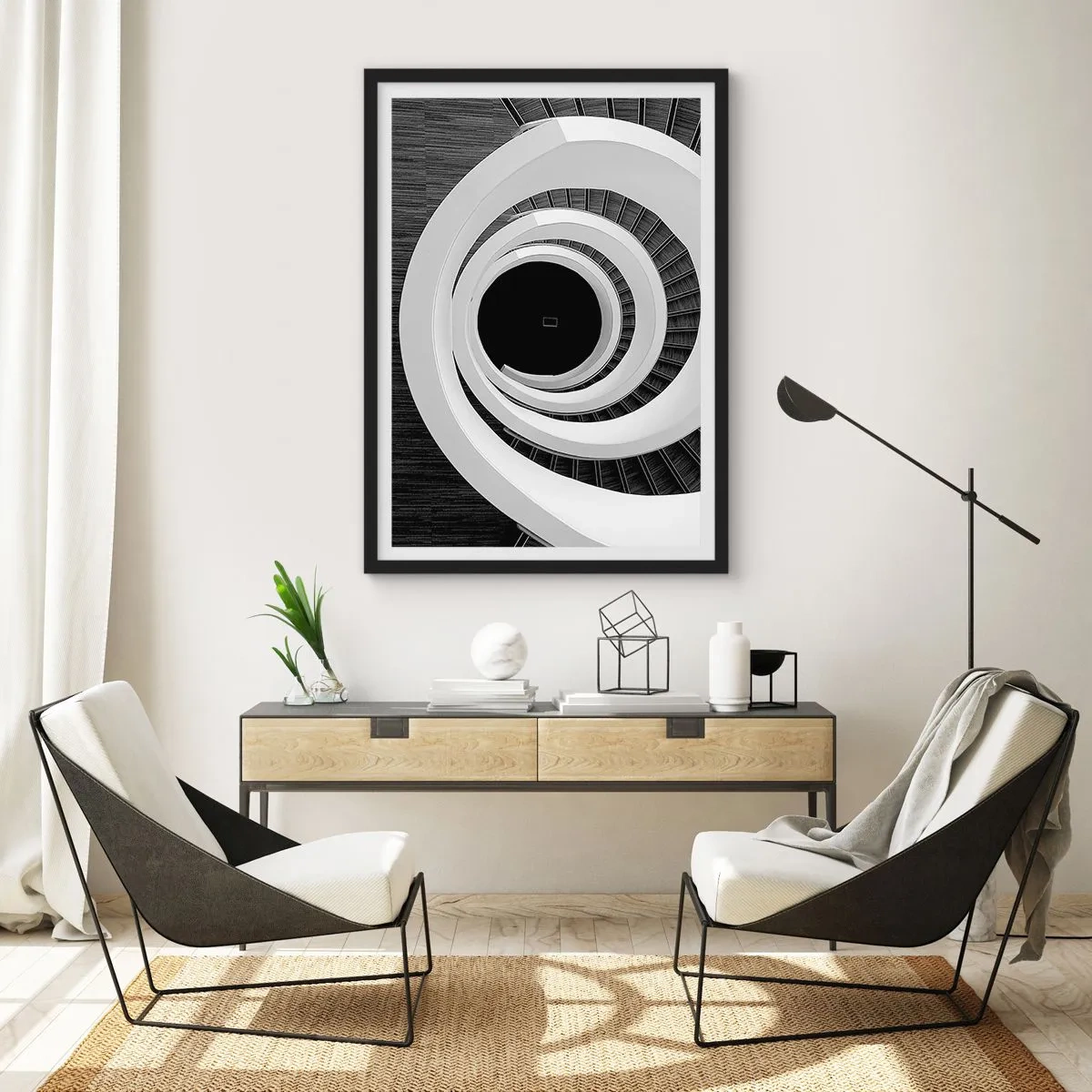 Affisch i svart ram - En spiraltrappa i svartvitt med abstrakt design - 50x70cm - Till sakens kärna - Modern väggdekoration för vardagsrum och sovrum ARTTOR