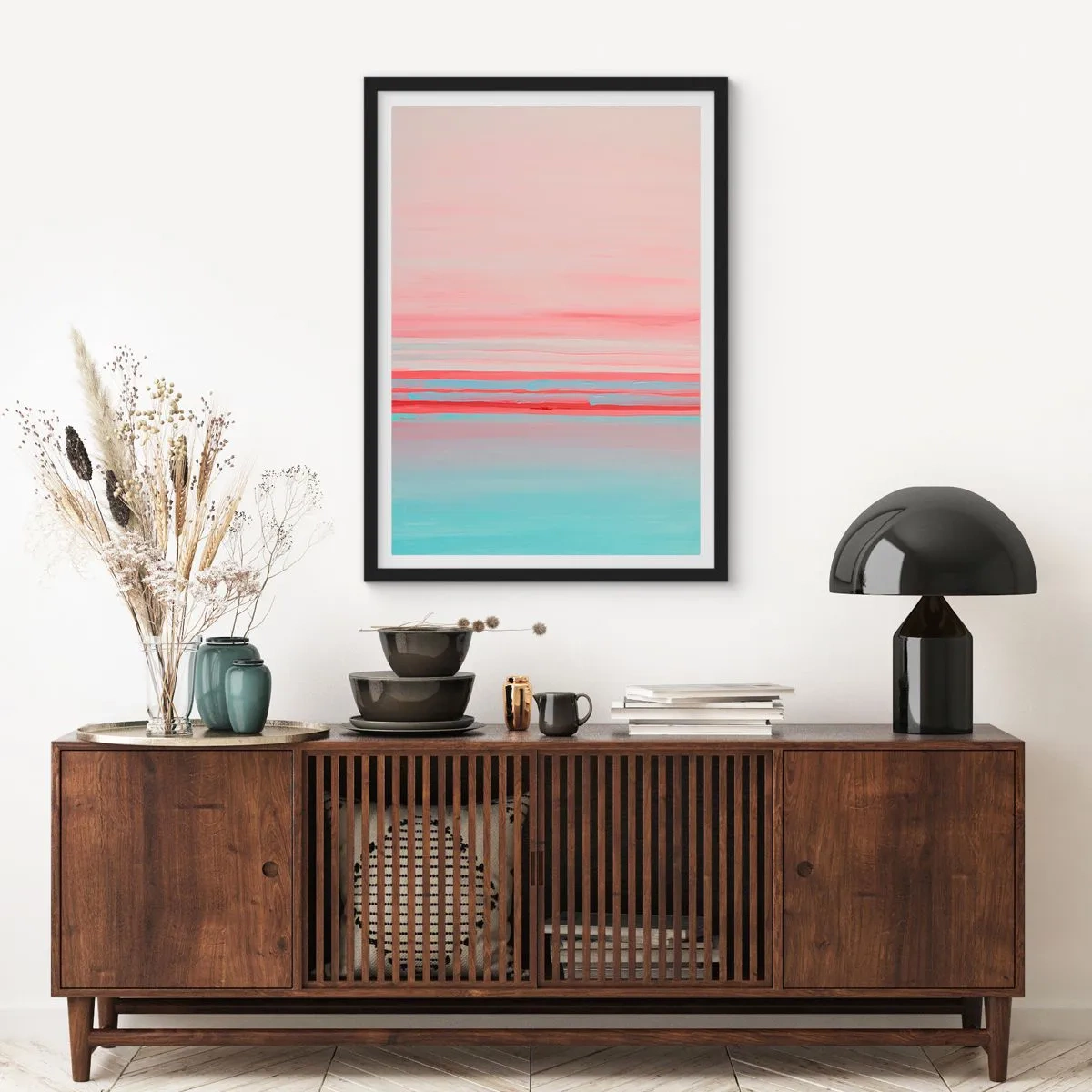 Affisch i svart ram - En delikat abstraktion i pastellnyanser av rosa och blått. - 50x70cm - Abstraktion i gryningen - Modern väggdekoration för vardagsrum och sovrum ARTTOR