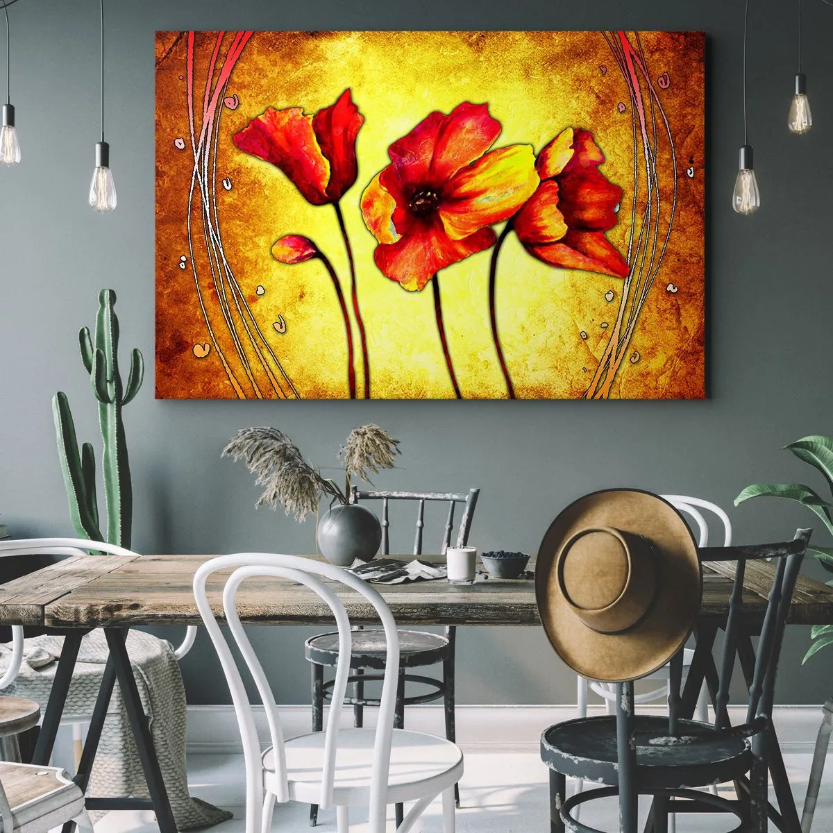 Canvastavla - Bild på duk - Röda och gula blommor på en guldfärgad bakgrund med dekorativa mönster - 70x50cm - Dekoration i Jugendstil - Modern väggdekoration för vardagsrum och sovrum ARTTOR