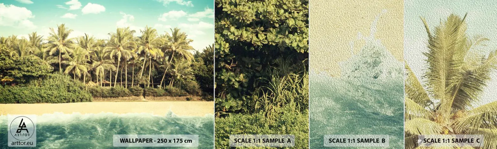 Provbit av fototapet Premium Sand - Kanske här? - Landskap, Strand, Kokosnötspalm - 100x30 cm