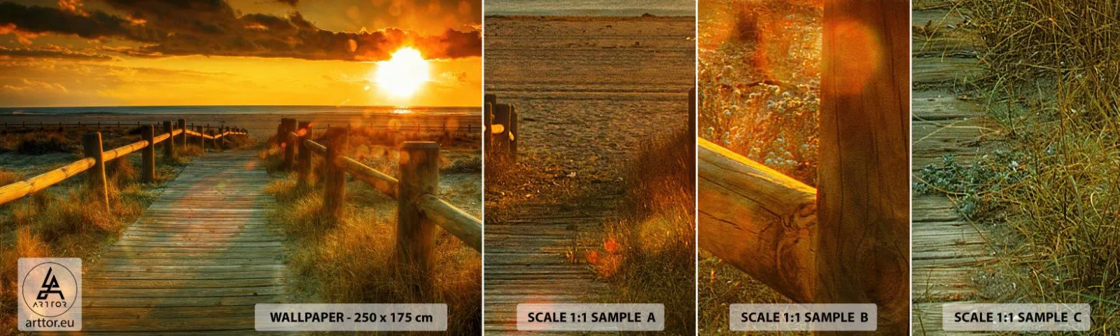 Provbit av självhäftande fototapet Deluxe Sticker - Doppade i gammalt guld - Landskap, Hav, Nedstigning till stranden - 100x30 cm