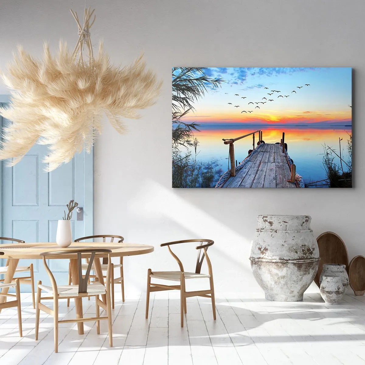 Canvastavla - Bild på duk - Träbrygga över sjön vid solnedgången - 70x50cm - Dags att vända hem... - Modern väggdekoration för vardagsrum och sovrum ARTTOR